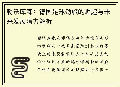 勒沃库森：德国足球劲旅的崛起与未来发展潜力解析