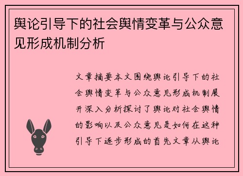 舆论引导下的社会舆情变革与公众意见形成机制分析