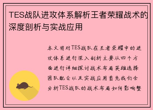 TES战队进攻体系解析王者荣耀战术的深度剖析与实战应用